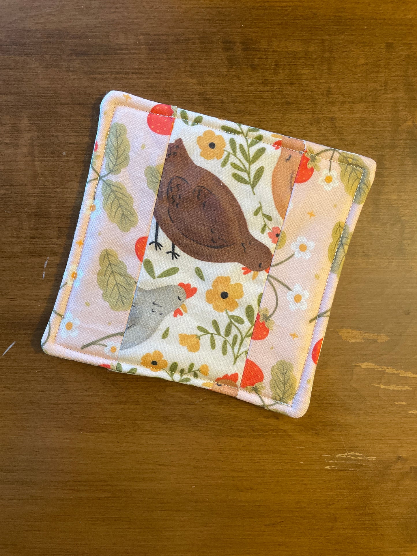 Strawberry + Chickens Mug Rug